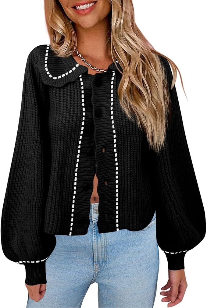 Saodimallsu Womens Puff Sleeve Cardigans 2024 Fall Babydoll Collared Button Loose Ribbed Knit Col... | Amazon (US)