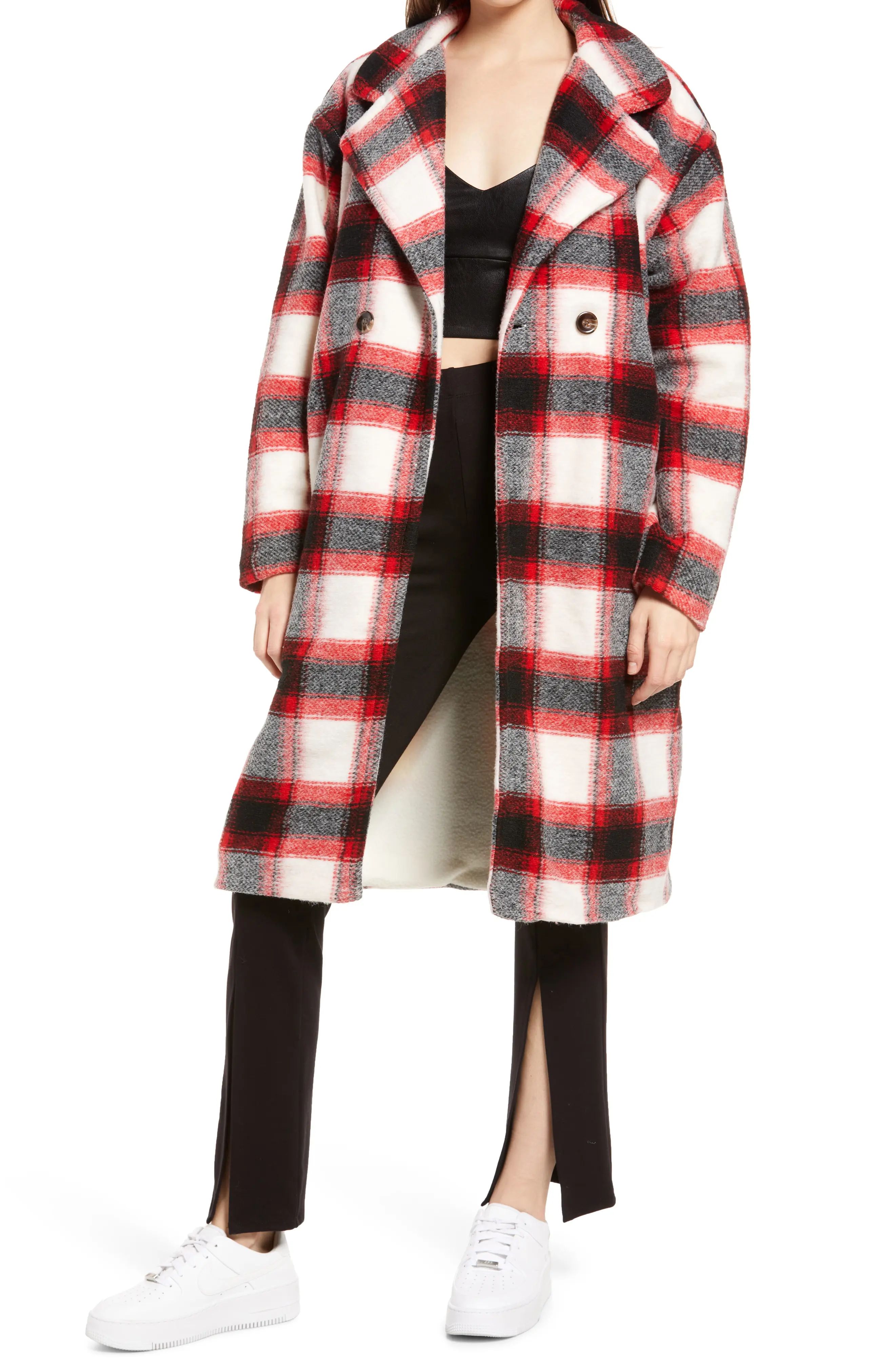 KENDALL + KYLIE Plaid Drop Shoulder Peacoat, Size X-Small in Red/Black Plaid at Nordstrom | Nordstrom