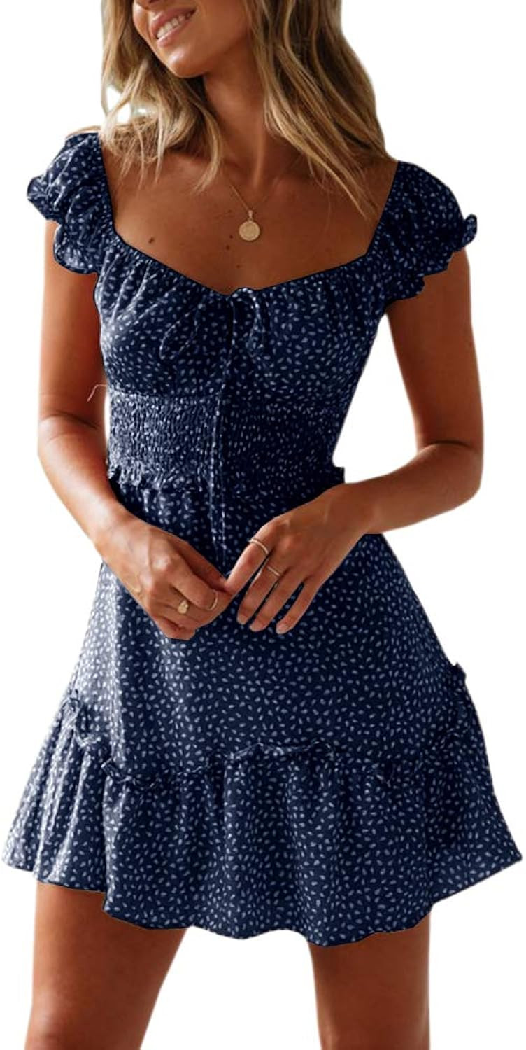 Summer Ruffle Sleeve Sweetheart Neckline Printing Dress Mini Dress - Navy | Amazon (US)