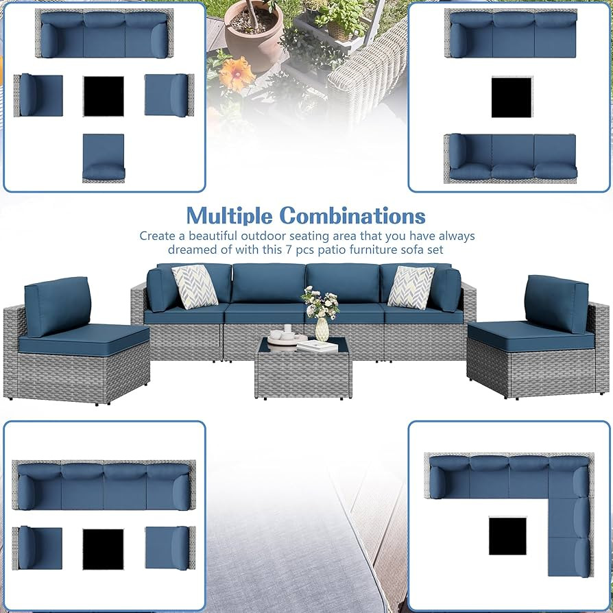 Shintenchi 7 Pieces Outdoor Patio Furniture Sets, Patio Sectional Sofa Couch, Gray PE Wicker Furn... | Amazon (US)
