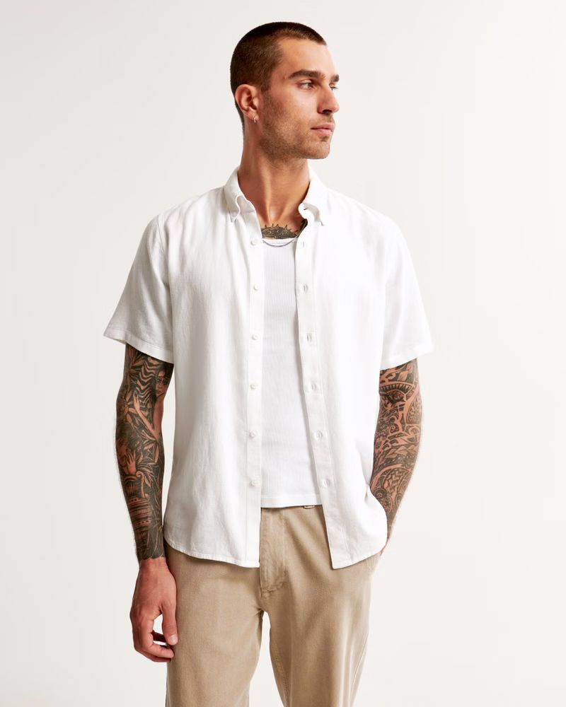 Short-Sleeve Summer Linen-Blend Button-Up Shirt | Abercrombie & Fitch (US)