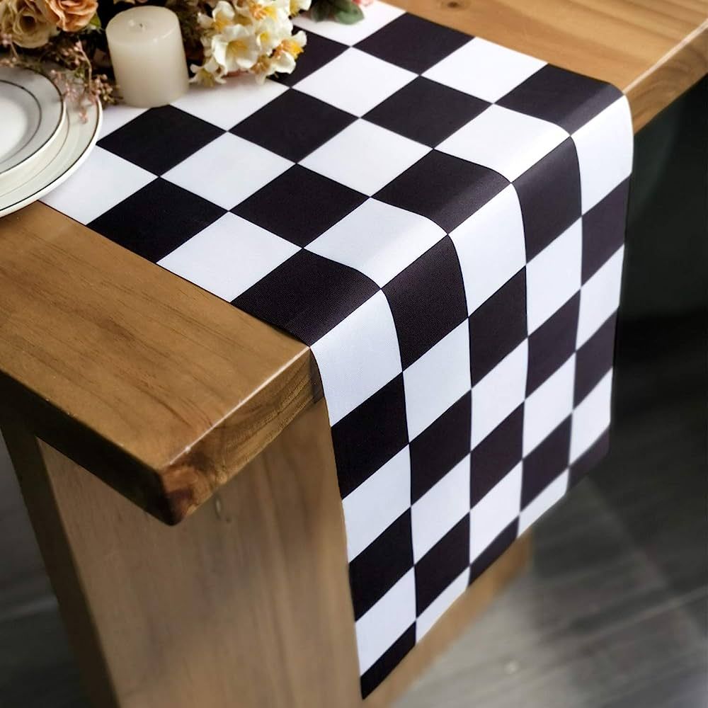 Table Runner Black and White Checkerboard Racing Theme for Anniversary Runner Dinner Parties Supp... | Amazon (US)