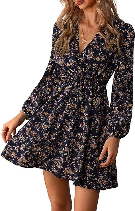 CUPSHE Womens V Neck Floral Mini Dress Long Sleeve A Line Surplice | Amazon (US)