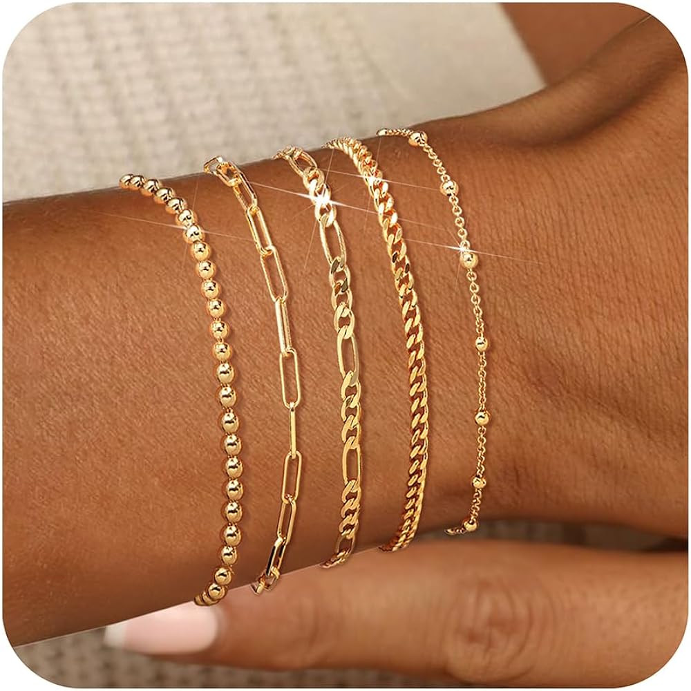 adoyi Gold Bracelets for Women, 14K Gold Plated Stackable Bracelet Stack Set Adjustable Charm Pap... | Amazon (US)