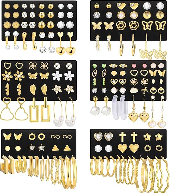 84 Pairs Gold Stud Earrings Set for Women Multipack, Fashion Pearl Cubic Zirconia Butterfly Earri... | Amazon (US)