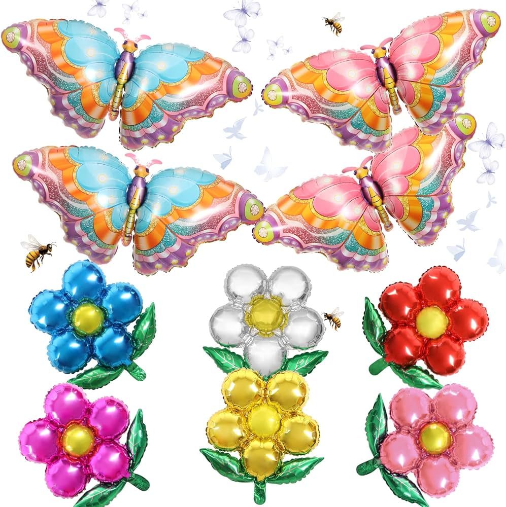 BENOSPACE 10 Pcs Butterfly Flower Balloons, Colorful Spring Summer Floral Theme Aluminum Foil Bal... | Amazon (US)