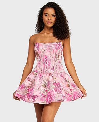 Juniors' Strapless Corseted Jacquard Mini Dress | Macy's