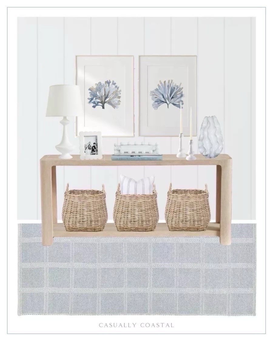 Entryway inspiration for your coastal home!
----- 
Coastal home decor, coastal home inspiration, entry way inspo, neutral home decor, coastal style, coastal entryway, beach house decor, beach home style, coastal rug, coastal console table, light wood console table, entryway table, coastal sideboard, coastal artwork, coastal wall art, coastal interiors, coastal lamp, white lamps, console table decor, blue and white rug, blue runner, Serena & Lily rug, entryway rug, Pottery Barn console table, light wood console table, beach house decor, beach house furniture, coastal basket, white table lamp, console table styling, ceramic ruffle vase, blue seaweed art, coral artwork, coastal wall decor, Nantucket stripe pillow cover, Etsy pillows, coastal pillows, Mud Pie nested everything tray, entryway decor, coastal tray, rattan taper holder, kittery rug, coastal blue rug, scalloped marble frame, white frame, amazon picture frames, Surf Shack book, Amazon coffee table books, candle holders, neutral home decor



#LTKHome #LTKFindsUnder50 #LTKFindsUnder100