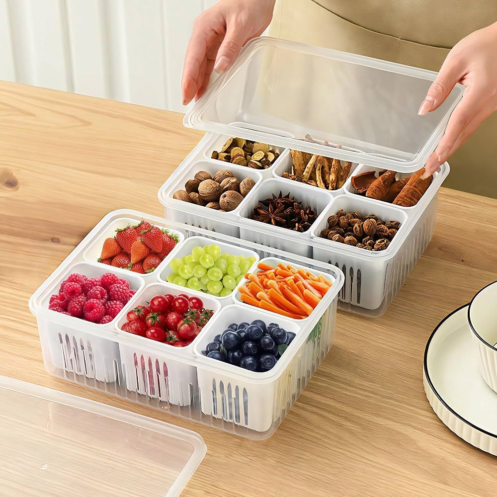 MineSign 2 Pack Food Storage Containers with Lids Fruit&Veggie Tray with 12pcs Small Dividers Pla... | Amazon (US)