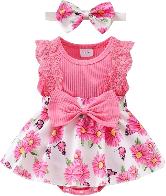 Baby Girl Clothes Newborn Romper Dress Infant Lace Ruffle Sleeveless Summer Outfits with Headband... | Amazon (US)