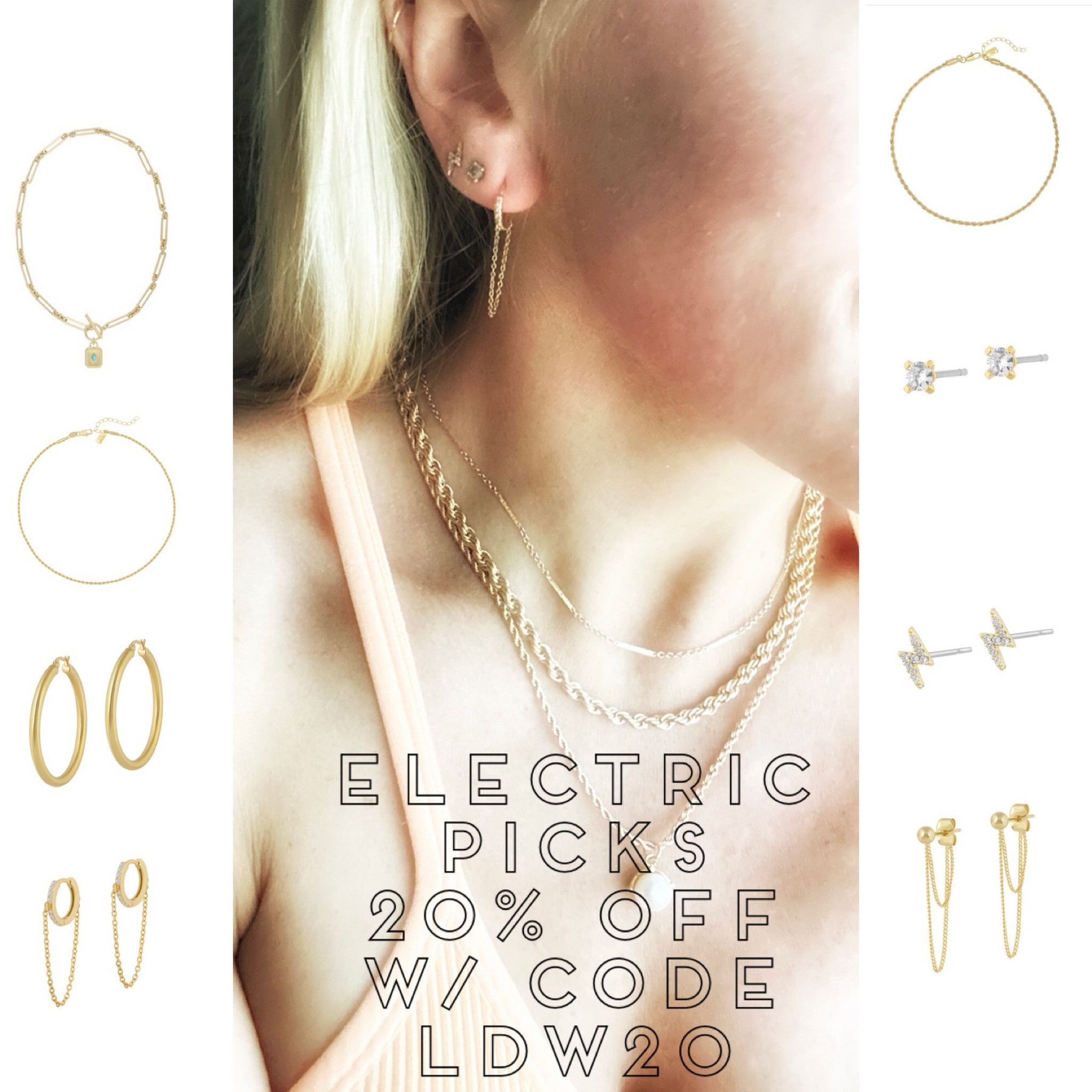 Electric picks sale! Favorite everyday wear jewelry- sleep in/shower in, etc 
Sharing some of my favorites 
Use code LDW20 for 20% off! Labor Day sale 
Gold jewely
Gold hoops 
Chain earrings necklace bracelet ring 

#LTKunder100 #LTKsalealert #LTKSale