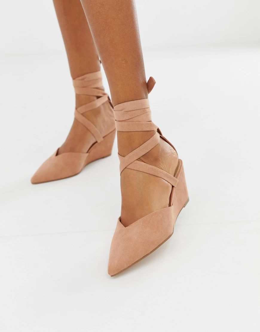 ASOS DESIGN Saxon tie leg wedges-Pink | ASOS (Global)