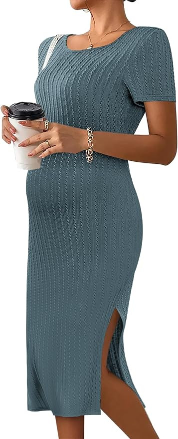 Ekouaer Maternity Dress Rib Knit Short Sleeve Bodycon Dresses Casual Stretchy Pregnancy Clothes S... | Amazon (US)