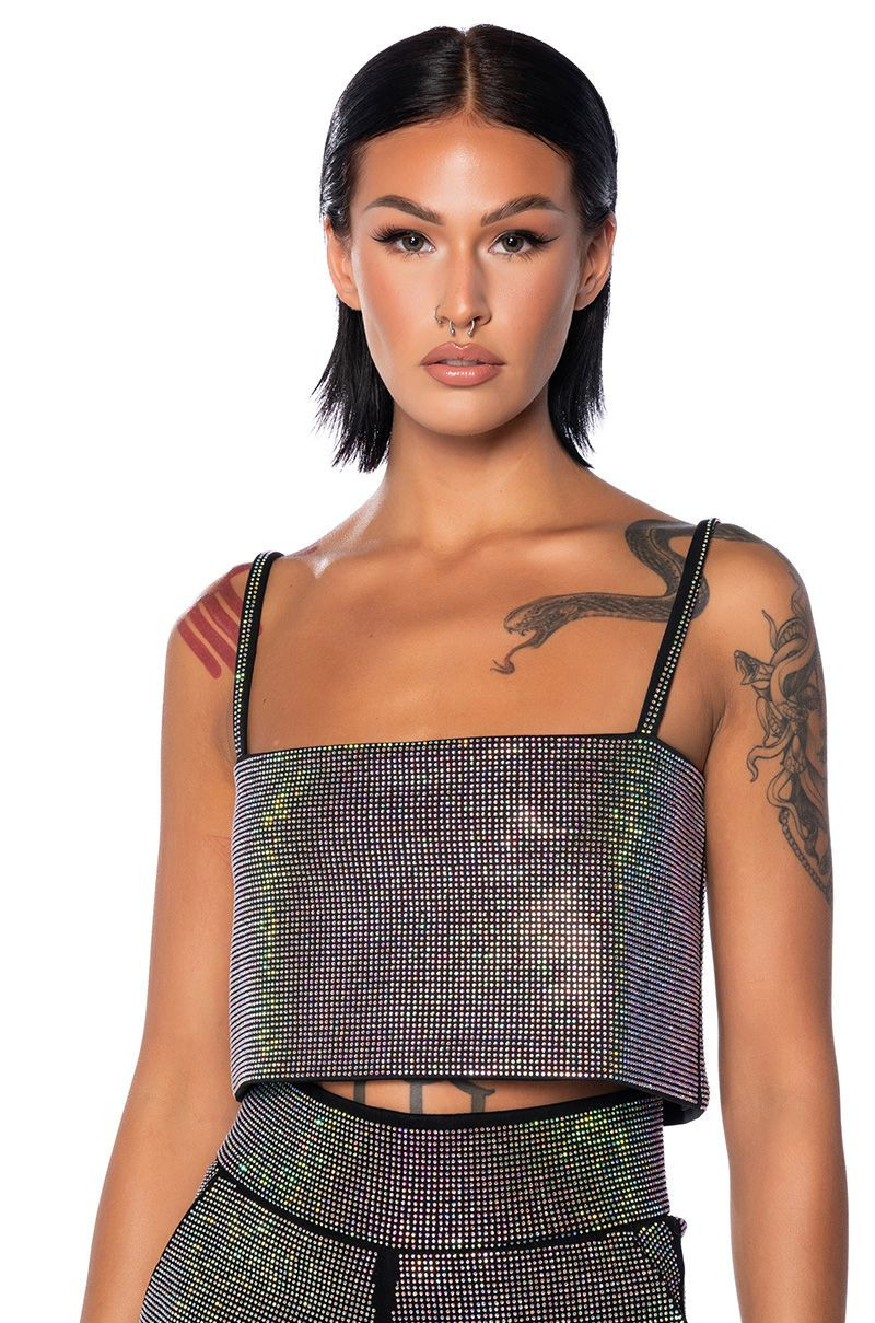 POP STAR HOT FIX RHINESTONE CROP TOP IN BLACK | AKIRA