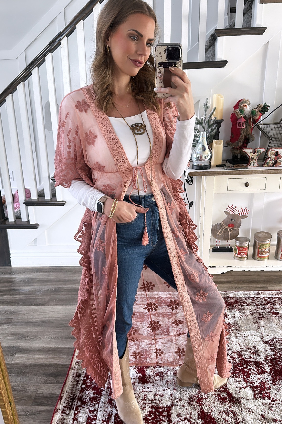 Love styling and dressing up just a jeans and white tee look with a duster! This one is on sale right now! 