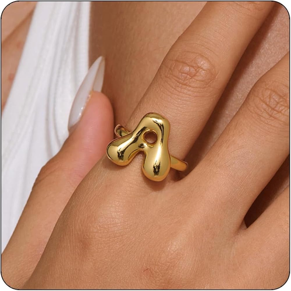 Bubble Initial Gold Ring For Women,Dainty Balloon Letter Rings 14k Gold Plated Open Alphabet A-Z ... | Amazon (US)