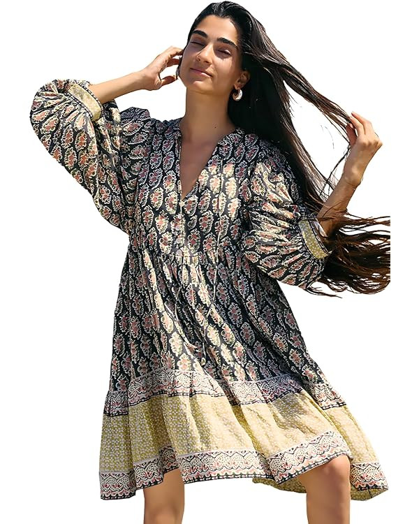 Summer Dresses for Women Boho Babydoll Puffs Flowy Floral V Neck Mini Dress | Amazon (US)