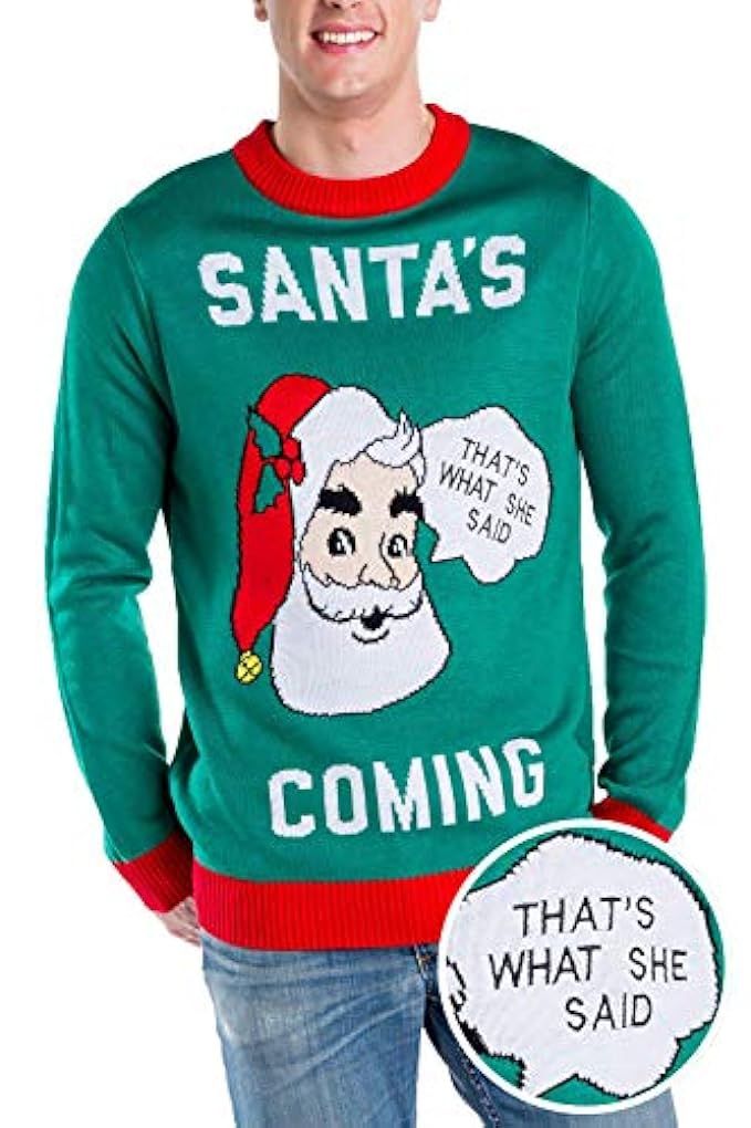 Men's Santa's Coming to Town Funny Christmas Sweater - Green Santa Ugly Christmas Sweater | Amazon (US)