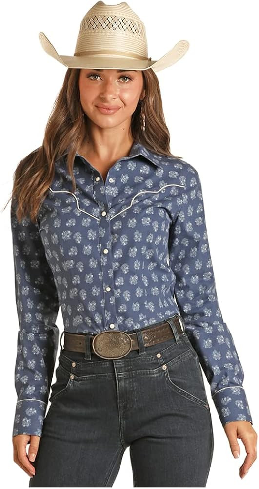 Rock & Roll Denim Ladies Retro Floral Print Snap Shirt- Blue | Amazon (US)