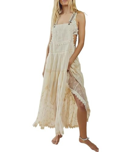 chouyatou Women's Lace Embroidered Tiered Maxi Dress Casual Suspender Strap Bib Overall Jumper Dress (Medium, Apricot) | Amazon (US)