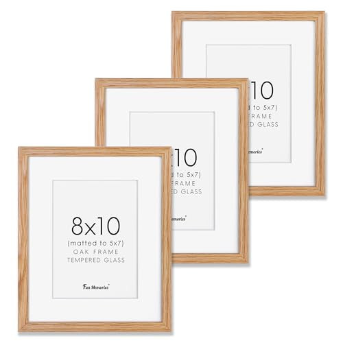 Natural Oak 8x10 Picture Frames Set of 3, Solid Oak Wood Frame, Matted to 5x7, Tempered Glass, Wall & Tabletop, 3 Pack | Amazon (US)