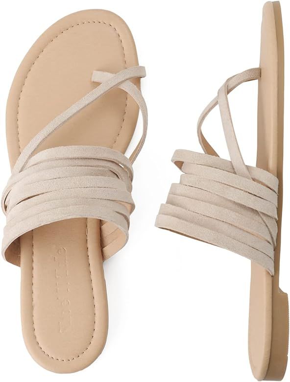 Shoe'N Tale Women's Flat Sandals Fashion Slides Flip Flops Strappy Open Toe Slip On Dressy Shoes | Amazon (US)