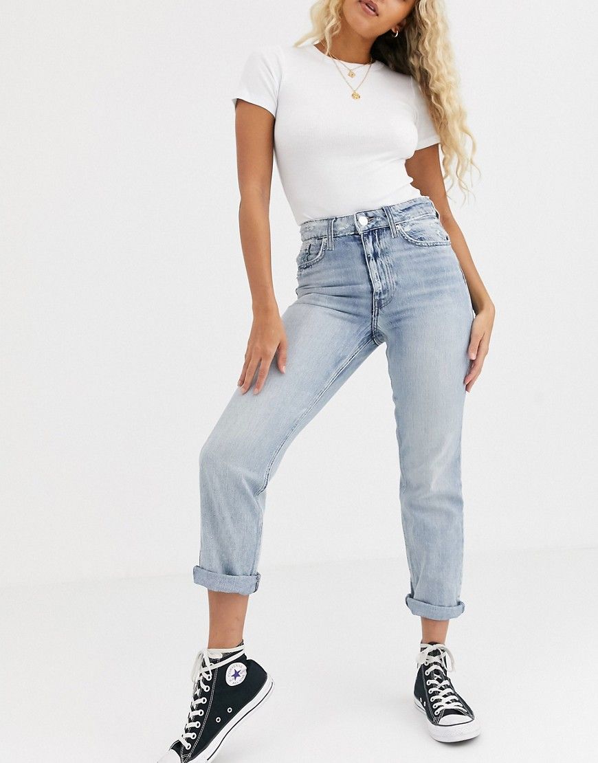 River Island distressed mom jeans in light wash blue | ASOS (Global)