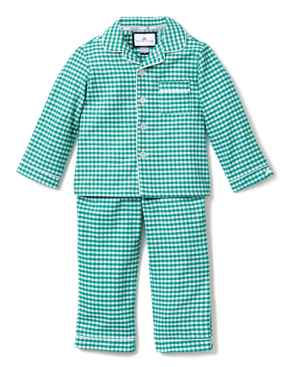 Kid's Flannel Pajama Set in Green Gingham | Petite Plume