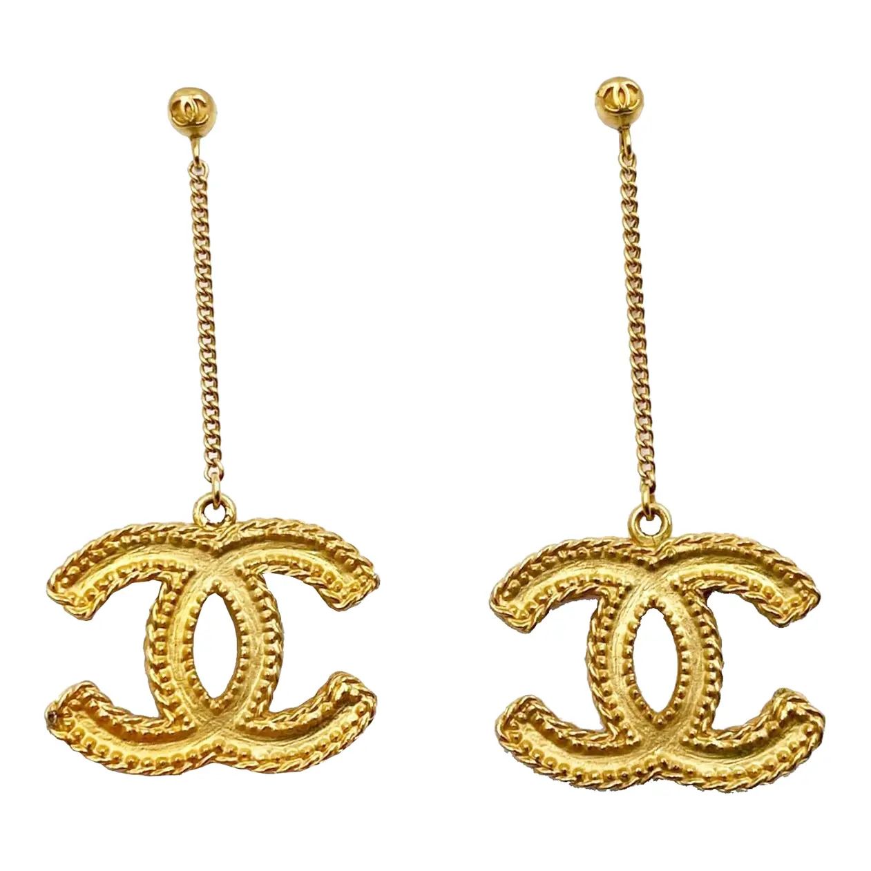 Chanel Classic Gold CC Dangle Piercing Earrings - 2 Pieces | Chairish