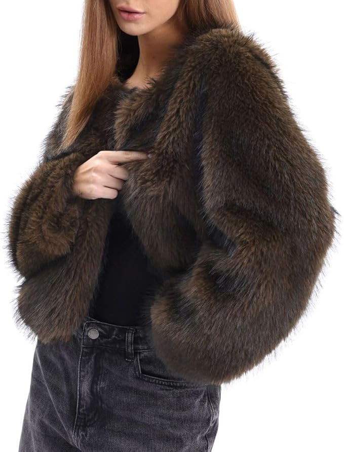Amazhiyu Women's Faux Fur Long Sleeve Open-front Winter Cropped Coat with Pockets | Amazon (US)