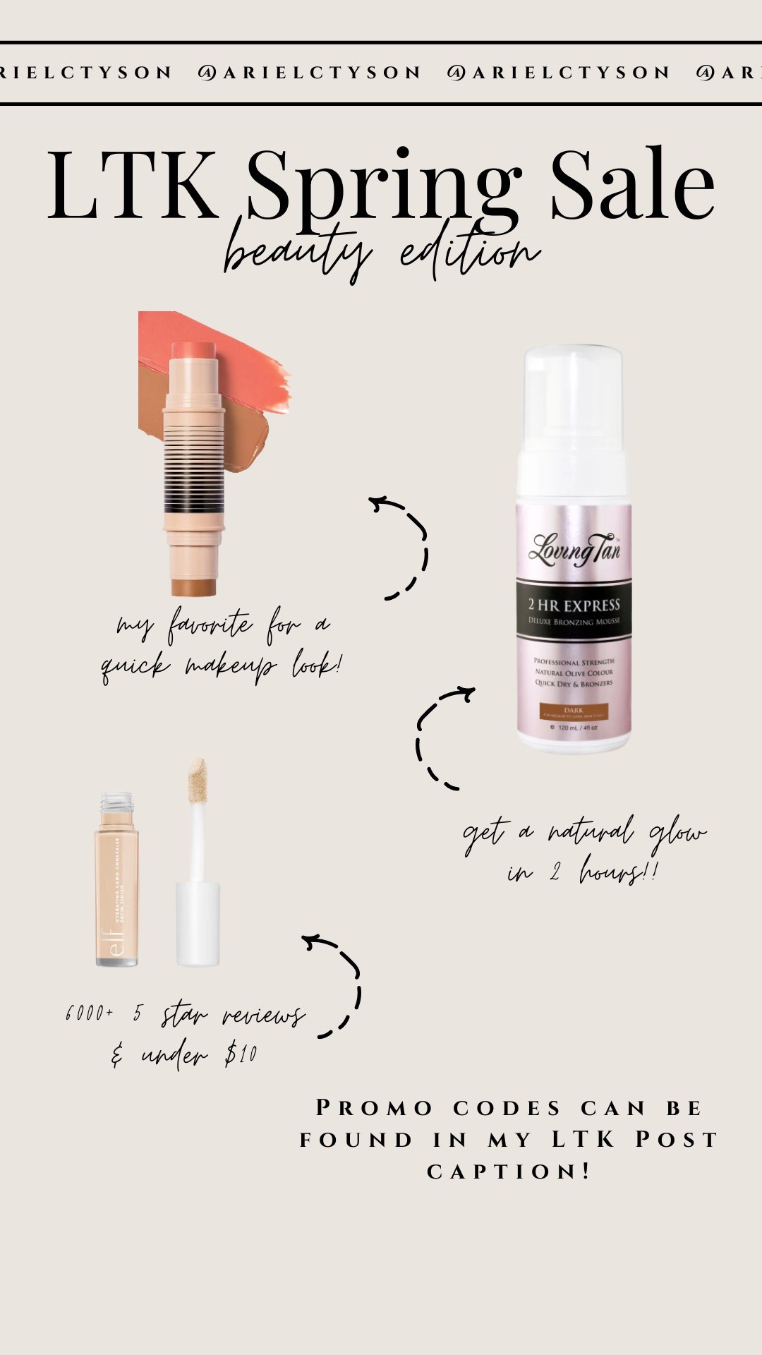 LTK spring sale my beauty picks! Use these codes:

Loving Tan: 15% off with code 15SPRING

DIBs Beauty: 20% off site wide with code LTK

e.l.f. Cosmetics: 40% off $35+ site wide with code LTKSPRING

#LTKSpringSale #LTKBeauty #LTKSaleAlert