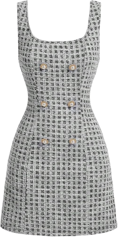 Floerns Women's Plaid Tweed Dress Sleeveless Square Neck Elegant Work Mini Dress | Amazon (US)