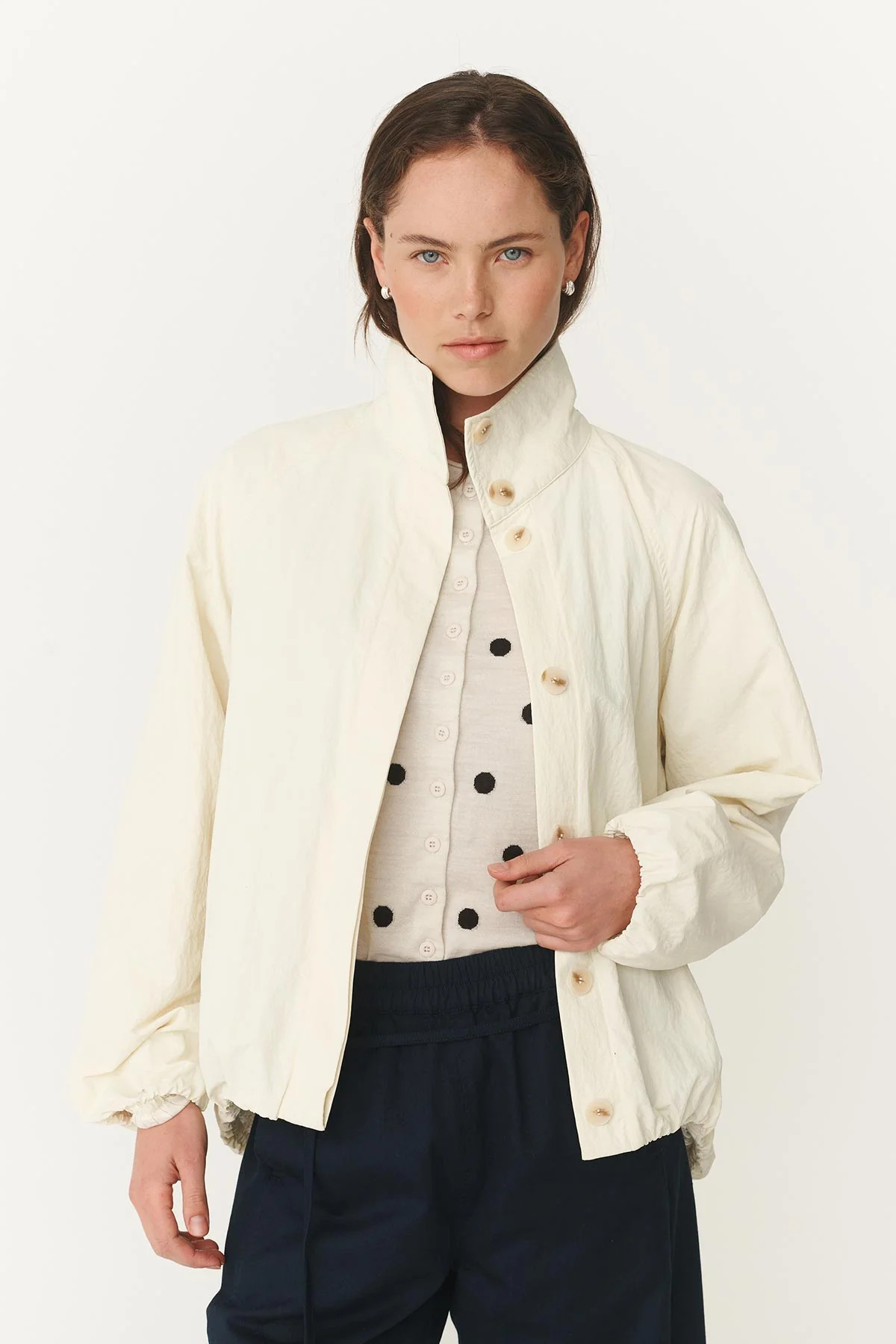 Soren Funnel Neck Bomber Jacket in Vanilla Creme | ROWIE Jackets | ROWIE The Label (US)