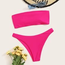 Neon Pink Lace-up Bandeau Bikini Set | SHEIN