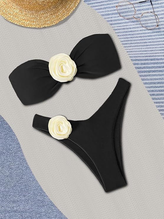 Women Sexy Floral Bikini Set High Cut Two Piece Swimsuit Removable Strap Bandeau Top Thong Bathin... | Amazon (US)