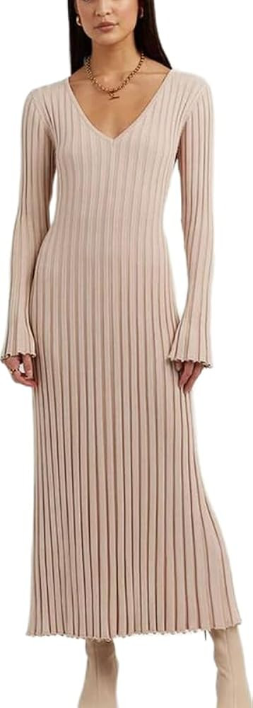 Winter Maxi Sweater Dress Long Sleeve Ribbed Knit Bodycon Sweater Dress for Women V-Neck Midi Wra... | Amazon (US)