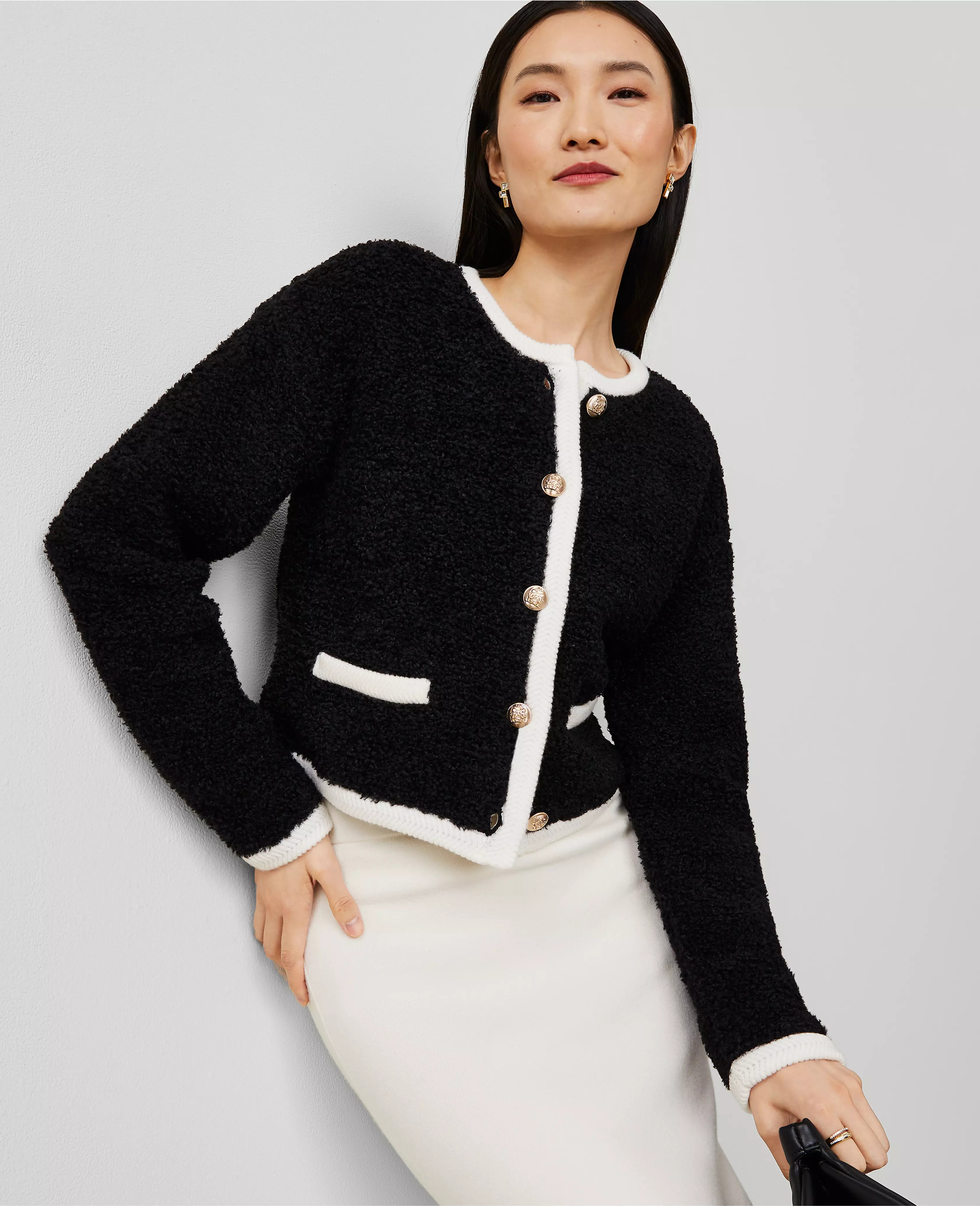 Boucle Contrast Trim Sweater Jacket | Ann Taylor