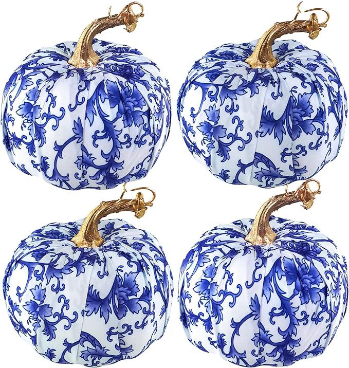 Winlyn 4 Pcs Faux Decorative Blue and White Fabric Pumpkins Chinoiserie Chic Pumpkins Foam Pumpki... | Amazon (US)