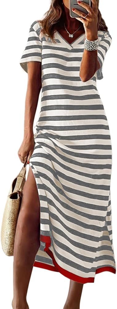 Dokotoo Summer Dress Casual Womens Fashion Short Sleeve Maxi Dress T Shirt Dress Striped Long Col... | Amazon (US)