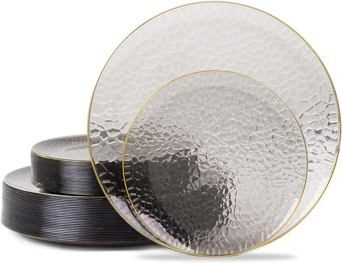 Hioasis 60pcs Black and Gold Plastic Plates - Hammered Disposable Plates,Black Plates Disposable ... | Amazon (US)