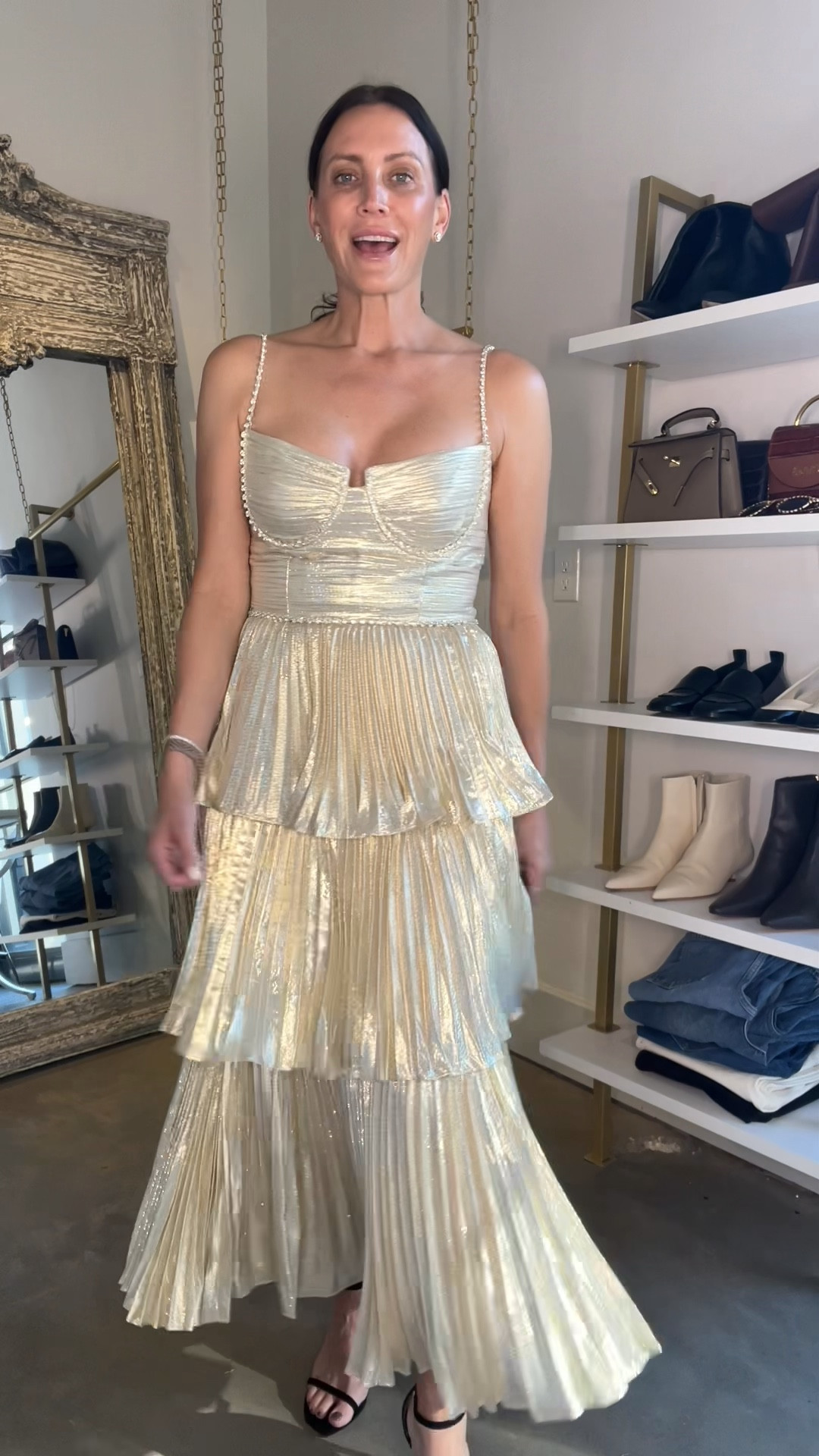 gold metallic tiered midi dress thegraydetails on LTK Maxi dress