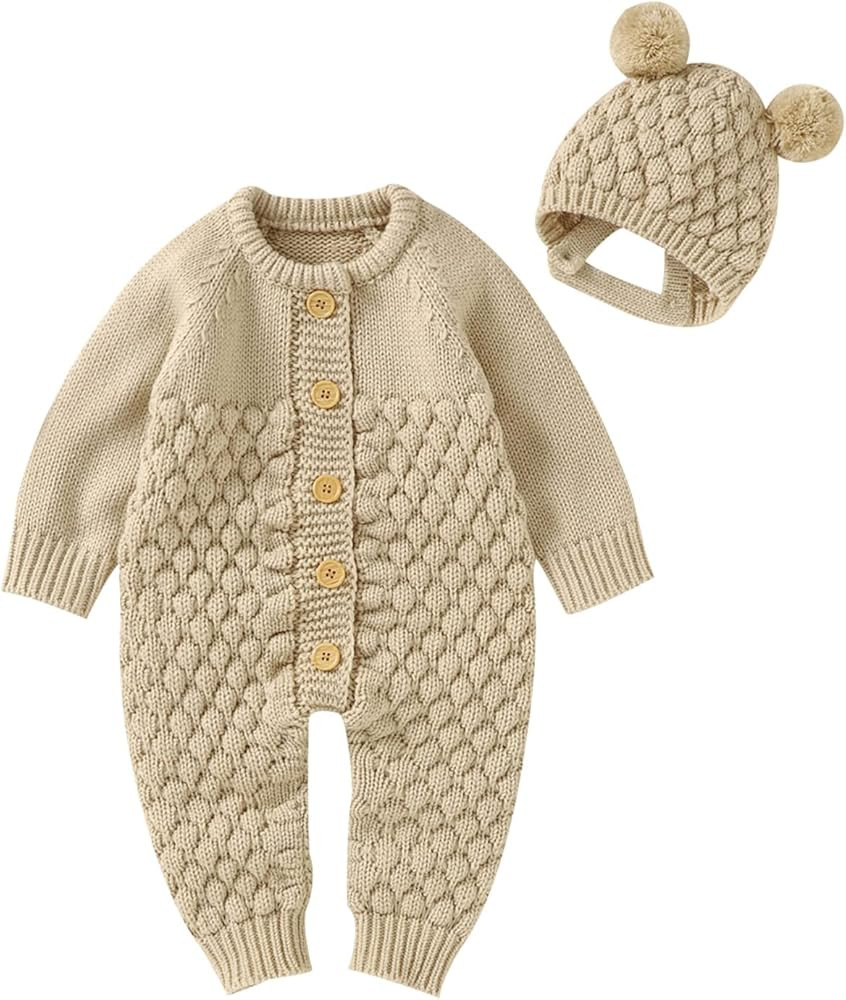 Newborn Baby Boy Girl Winter Clothes Knitted Sweater Romper Crewneck Solid Color Jumpsuit Hat Inf... | Amazon (US)