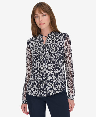 Tommy Hilfiger Women's Ruffled Floral Print Split-Neck Top - Macy's | Macy's
