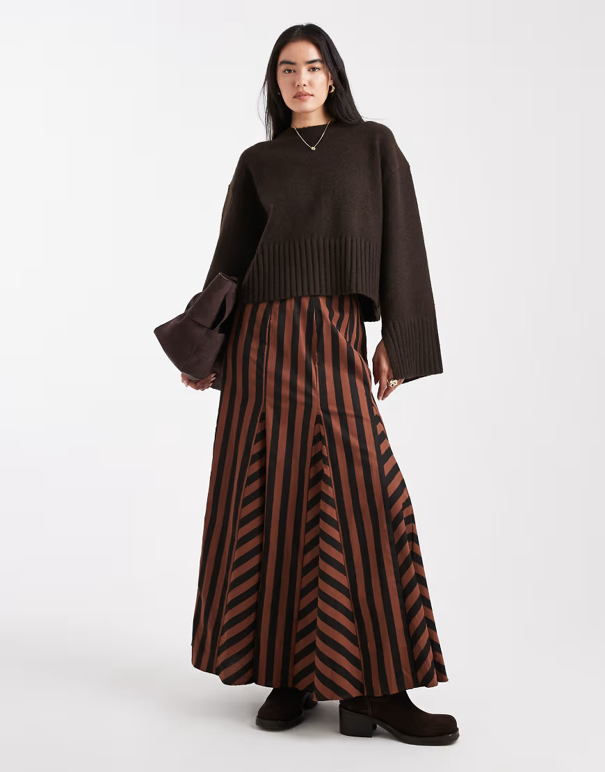 ASOS DESIGN mixed stripe godet maxi skirt in black and brown stripe | ASOS (Global)