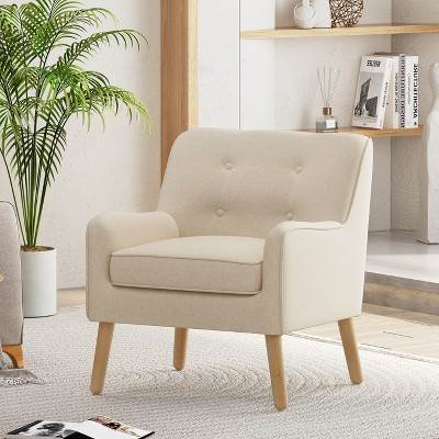KTMBDW Accent Chair, Tufted Fabric Armchair with Wooden Legs, Mid-Century Modern Comfy Reading Chair for Bedroom, Living Room, Beige | Target