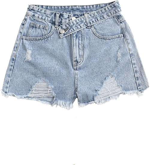 SweatyRocks Women's Casual High Waist Raw Hem Ripped Denim Jean Shorts with Pocket | Amazon (US)