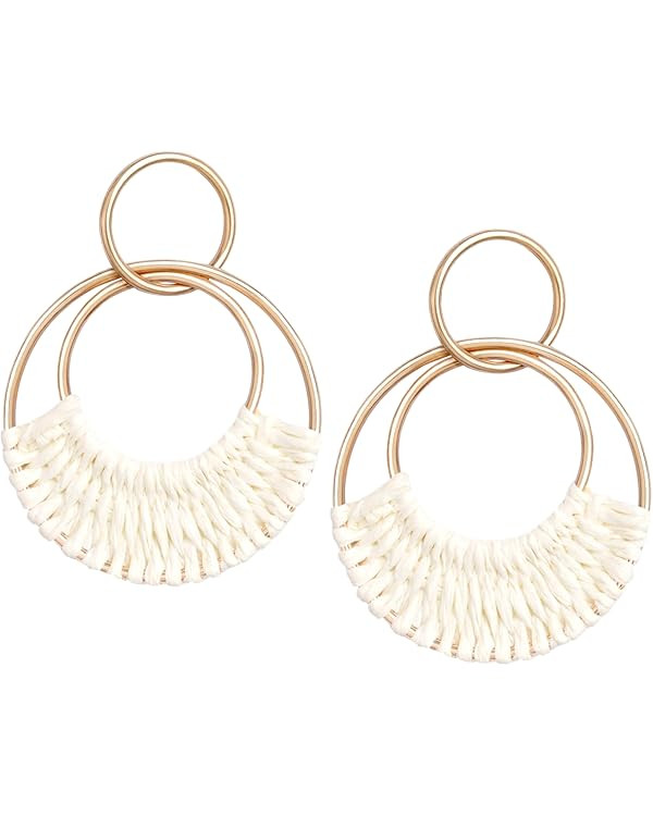 Raffia Hoop Earrings for Women Fun Boho Summer Beach Earrings Lightweight Handmade Straw Wicker R... | Amazon (US)