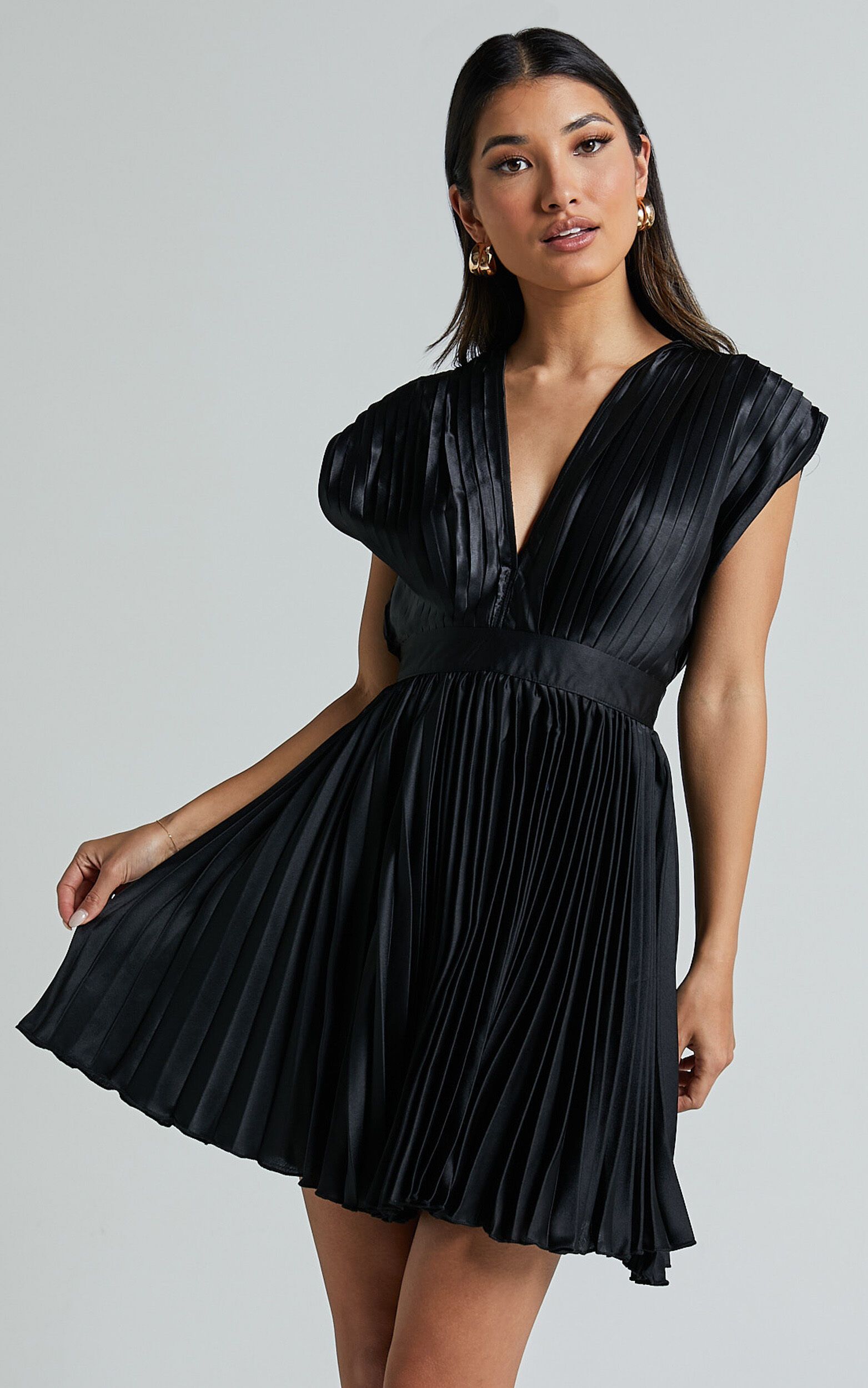 Ayienny Mini Dress - Plunge Neck Pleated Dress in Black | Showpo (US, UK & Europe)