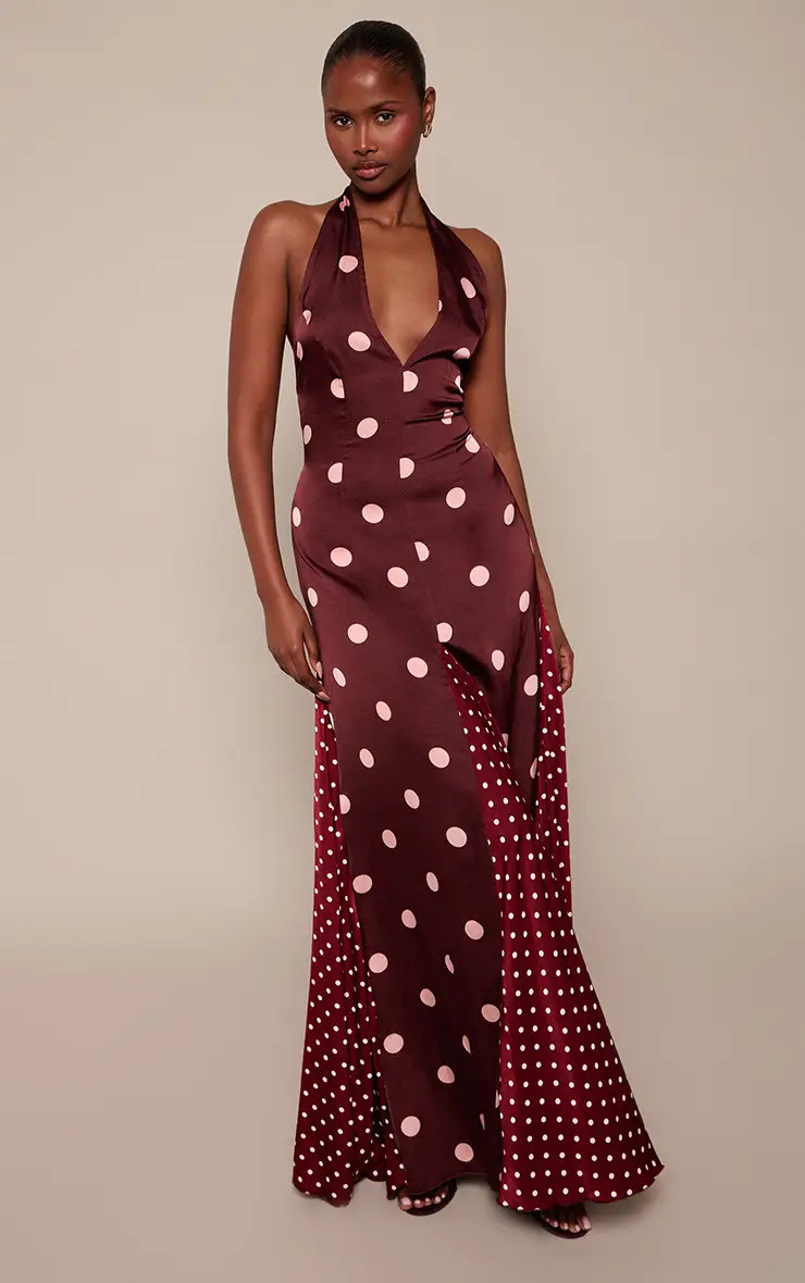 Brown Contrast Polka Dot Halterneck Maxi Dress | PrettyLittleThing USA | PrettyLittleThing US
