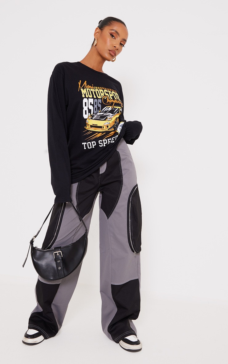 Black Motorsport Print Long Sleeve T Shirt | PrettyLittleThing US